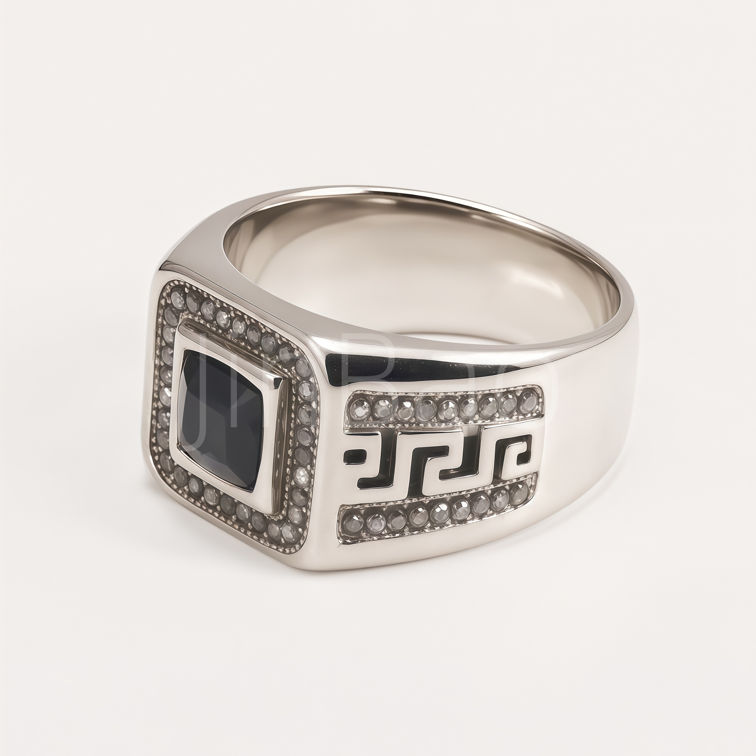 Pave CZ Halo Greek Key Silver-Tone Men Signet Ring | B175