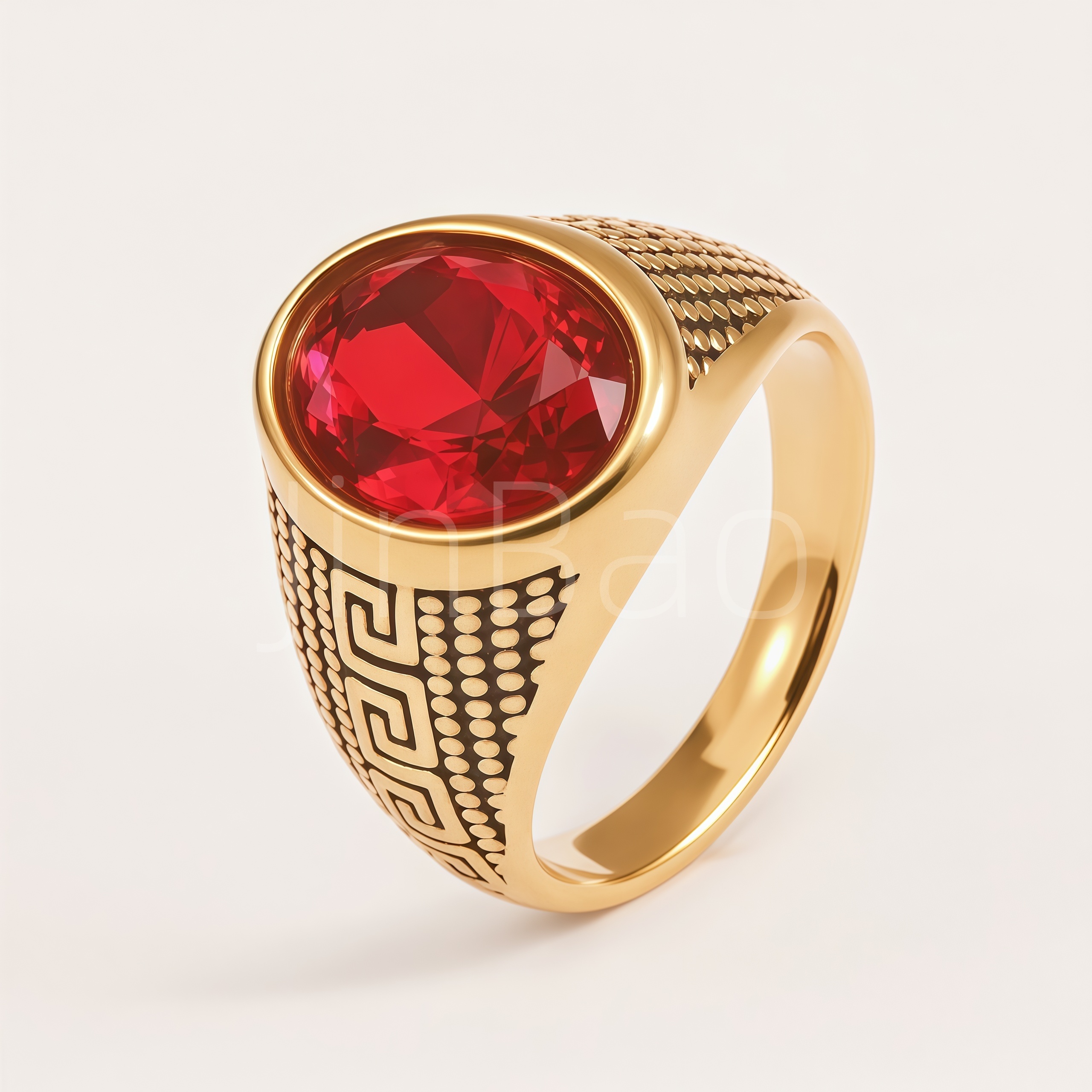 Retro Greek Key Oval Gemstone Men Signet Ring | B0137