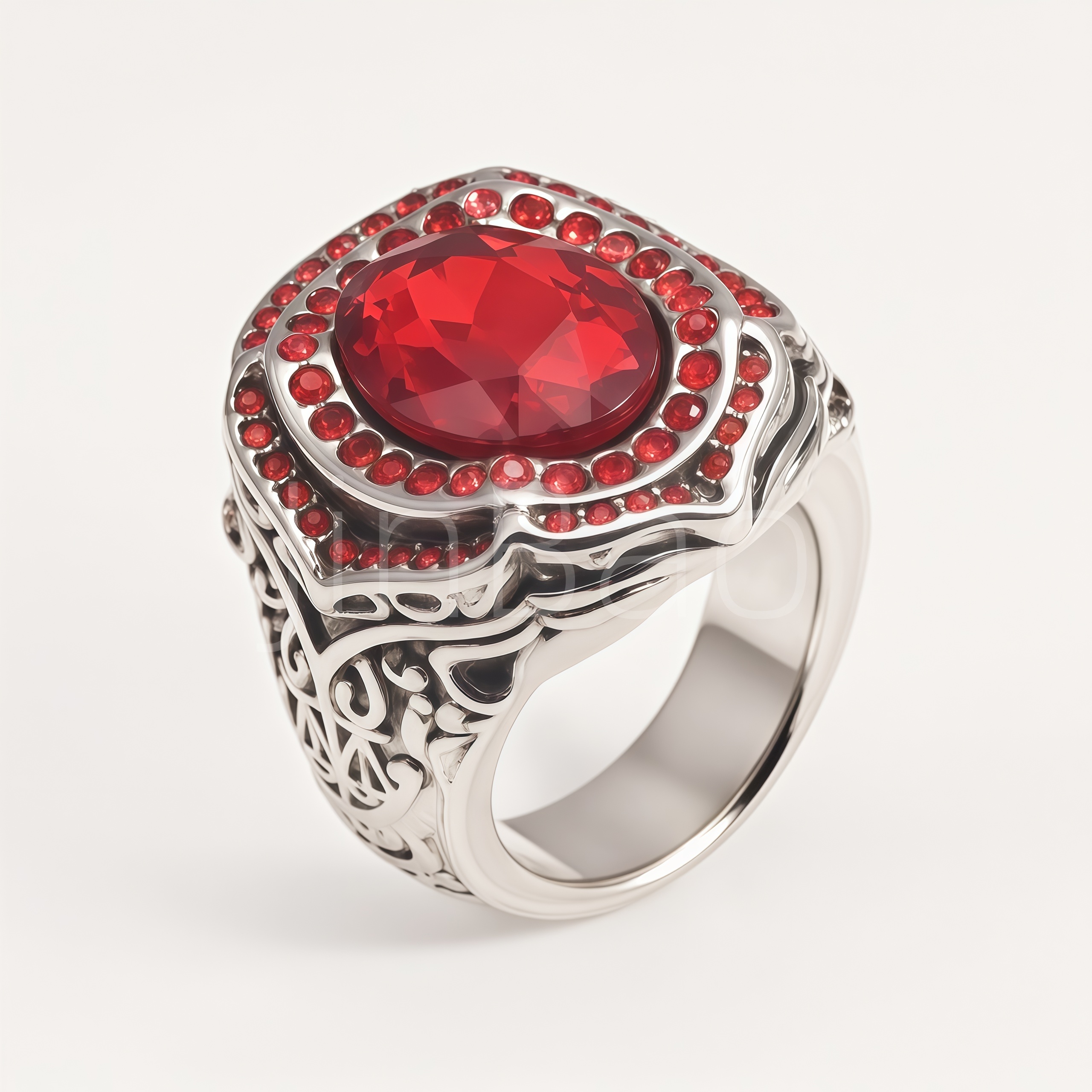 Oval Red CZ Multi‑Halo Vintage Filigree Men Ring | B180