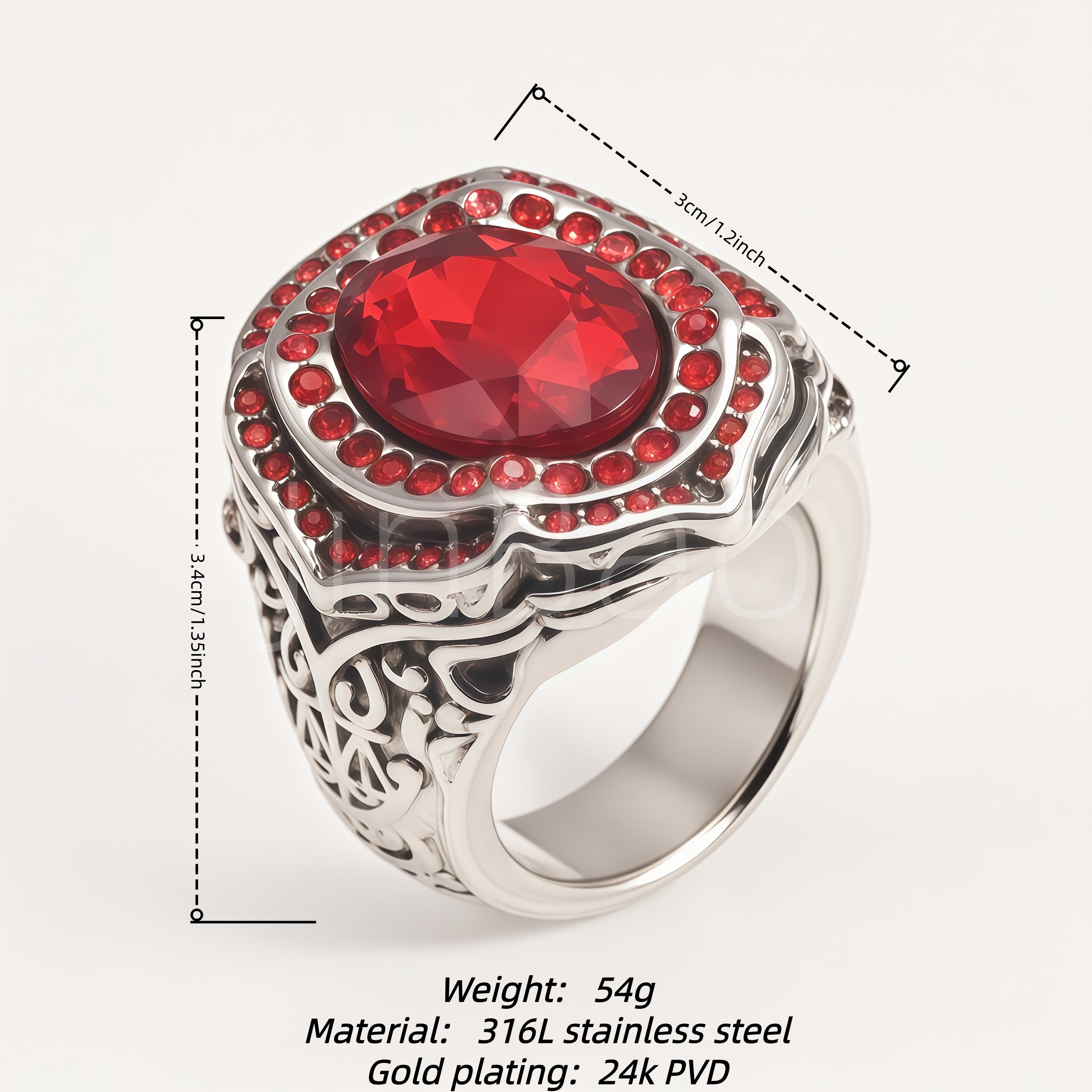 Oval Red CZ Multi‑Halo Vintage Filigree Men Ring | B180