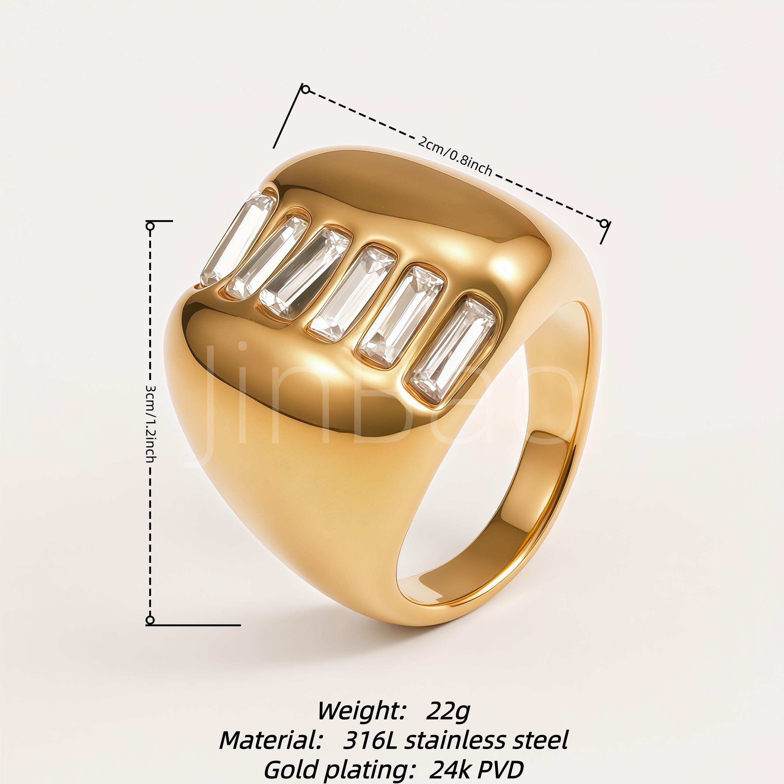 Luxury Baguette Crystal Stainless Steel Thick Statement Women's Ring | E00509