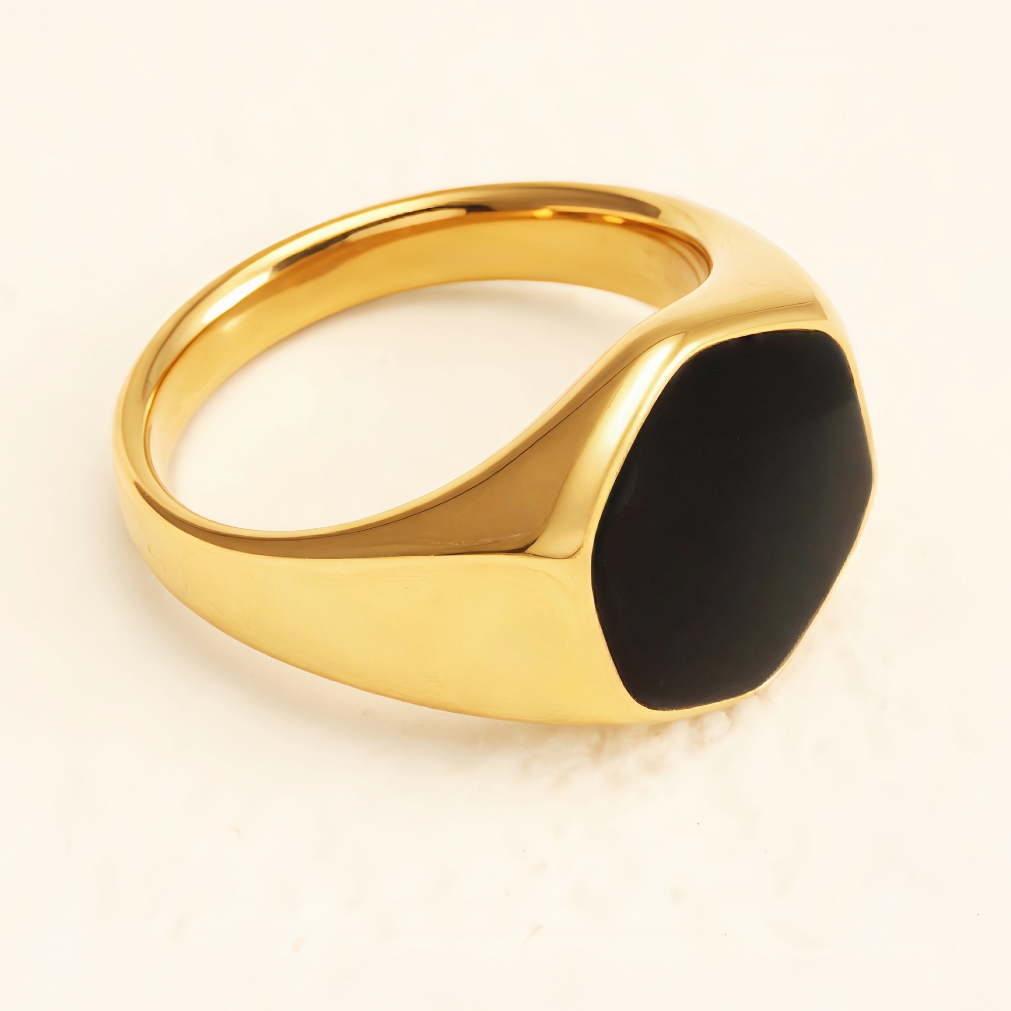 Gold Hexagonal Black Gem Ring, Minimalist & Stylish Band for Men & Women |A249-JinBaoJewerly