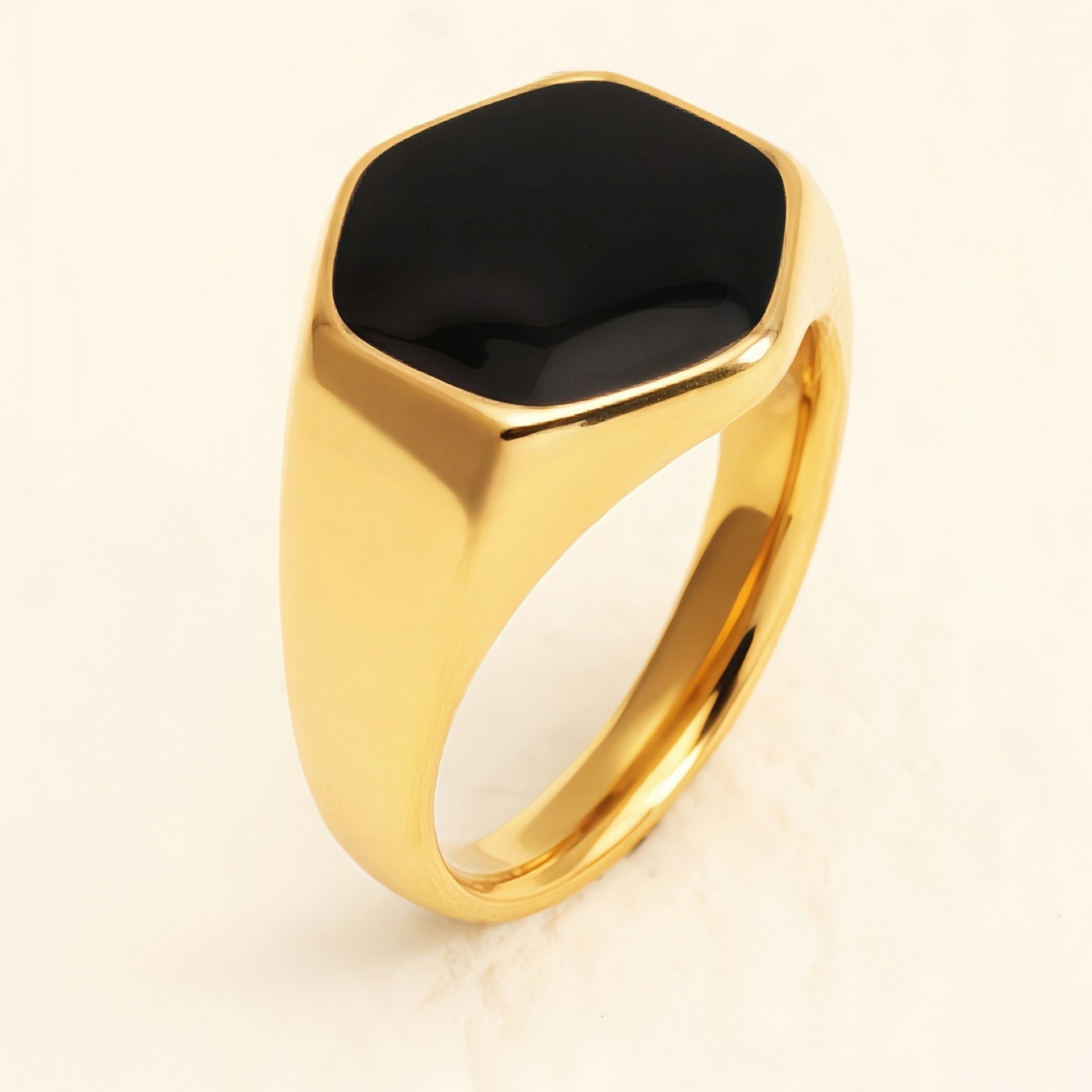Gold Hexagonal Black Gem Ring, Minimalist & Stylish Band for Men & Women |A249-JinBaoJewerly