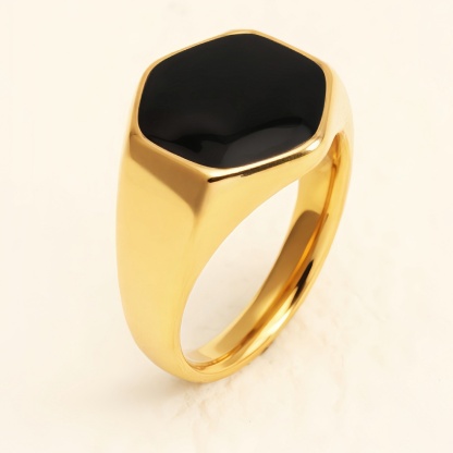 Gold Hexagonal Black Gem Ring, Minimalist & Stylish Band for Men & Women |A249-JinBaoJewerly