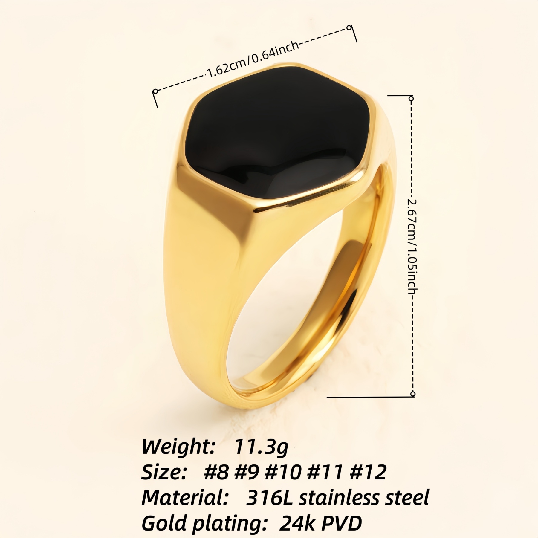 Gold Hexagonal Black Gem Ring, Minimalist & Stylish Band for Men & Women |A249-JinBaoJewerly