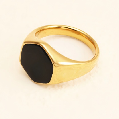 Gold Hexagonal Black Gem Ring, Minimalist & Stylish Band for Men & Women |A249-JinBaoJewerly