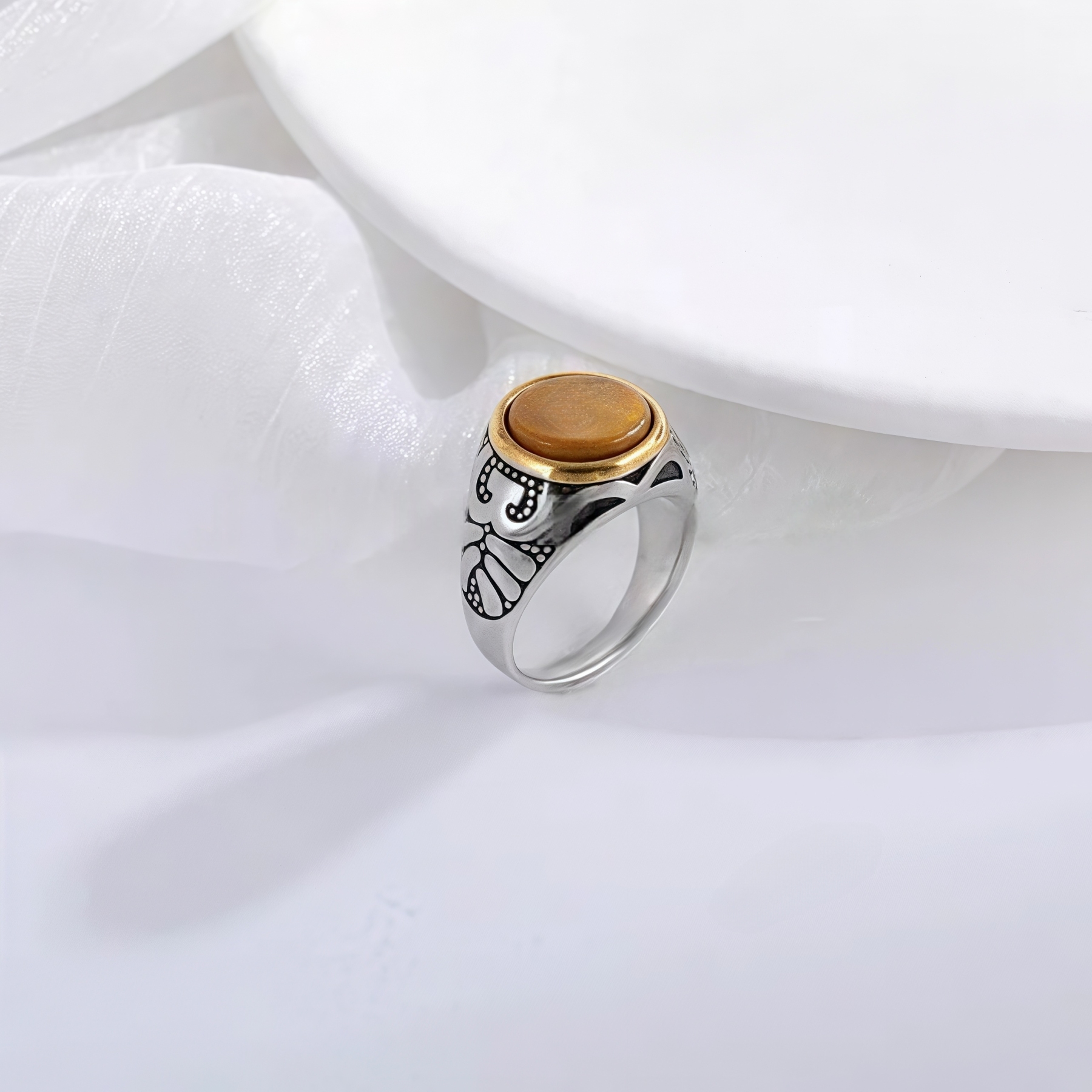 Vintage Style Stainless Steel Ring Men's Two-Tone Gemstone Band | BL667-JinBaoJewerly