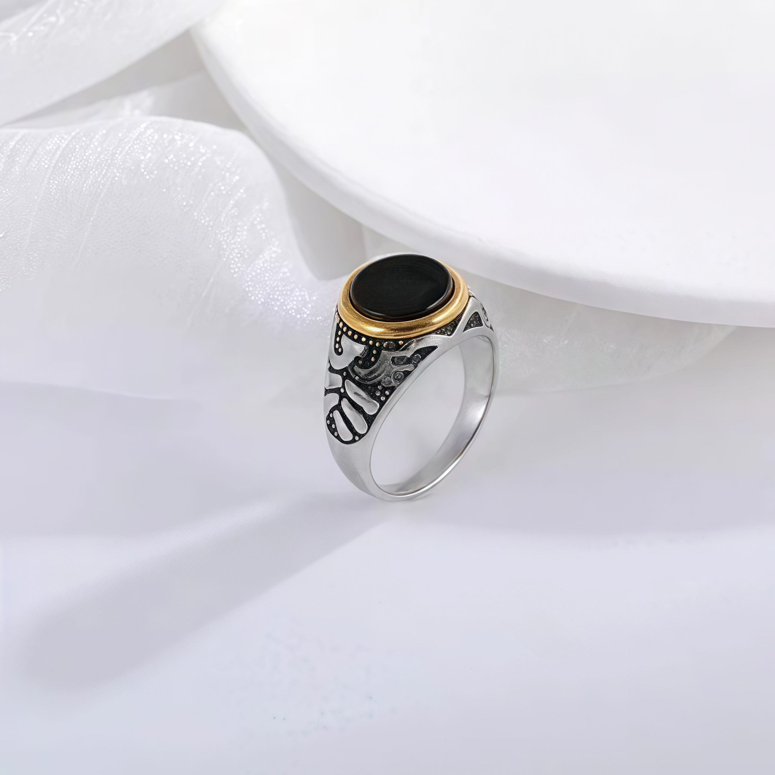 Vintage Style Stainless Steel Ring Men's Two-Tone Gemstone Band | BL667-JinBaoJewerly