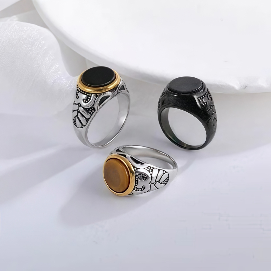 Vintage Style Stainless Steel Ring Men's Two-Tone Gemstone Band | BL667