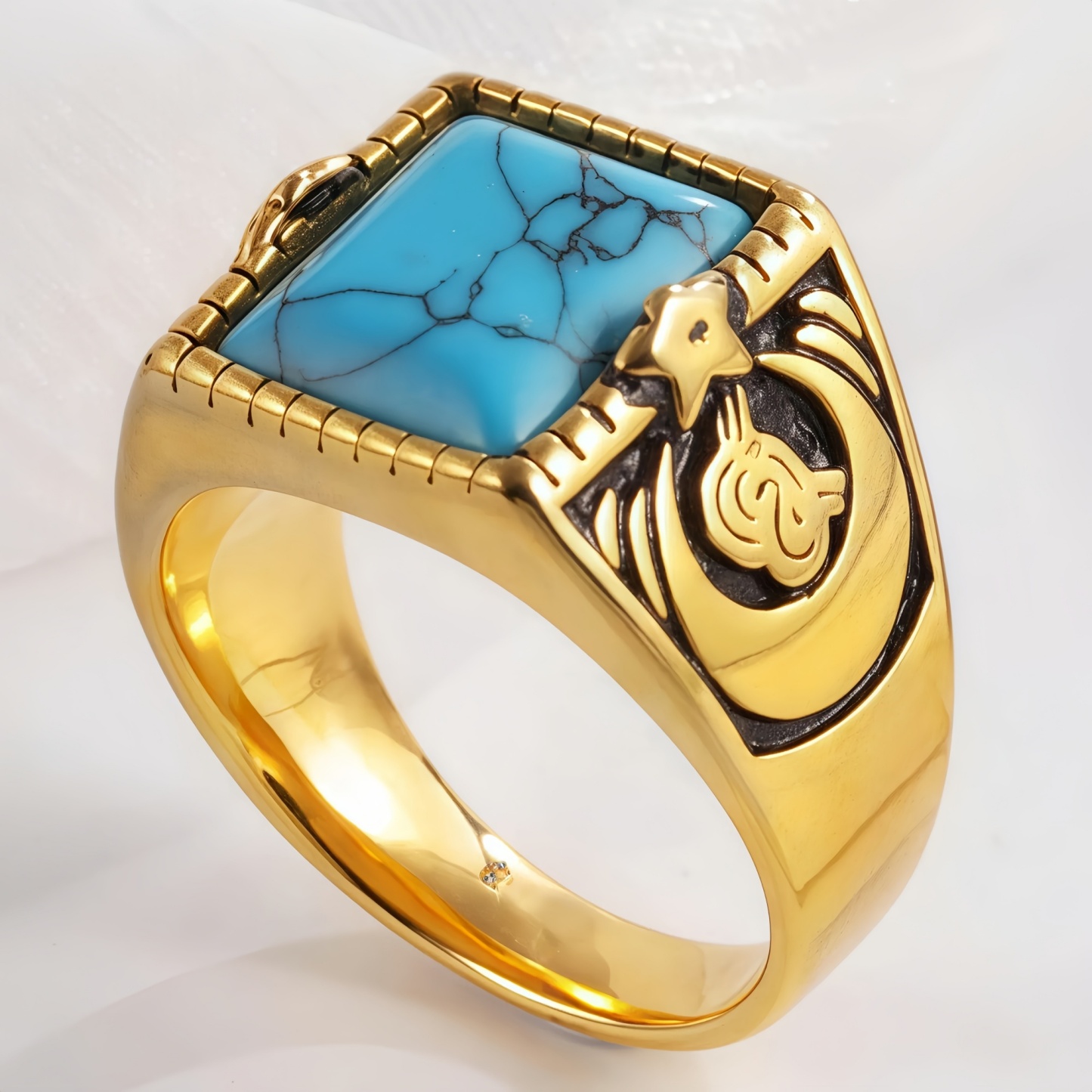 Vintage blue turquoise ring gold plated carved stainless steel men's ring | BL67-JinBaoJewerly