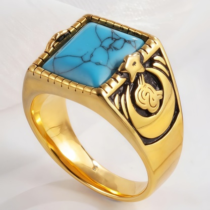 Vintage blue turquoise ring gold plated carved stainless steel men's ring | BL67-JinBaoJewerly