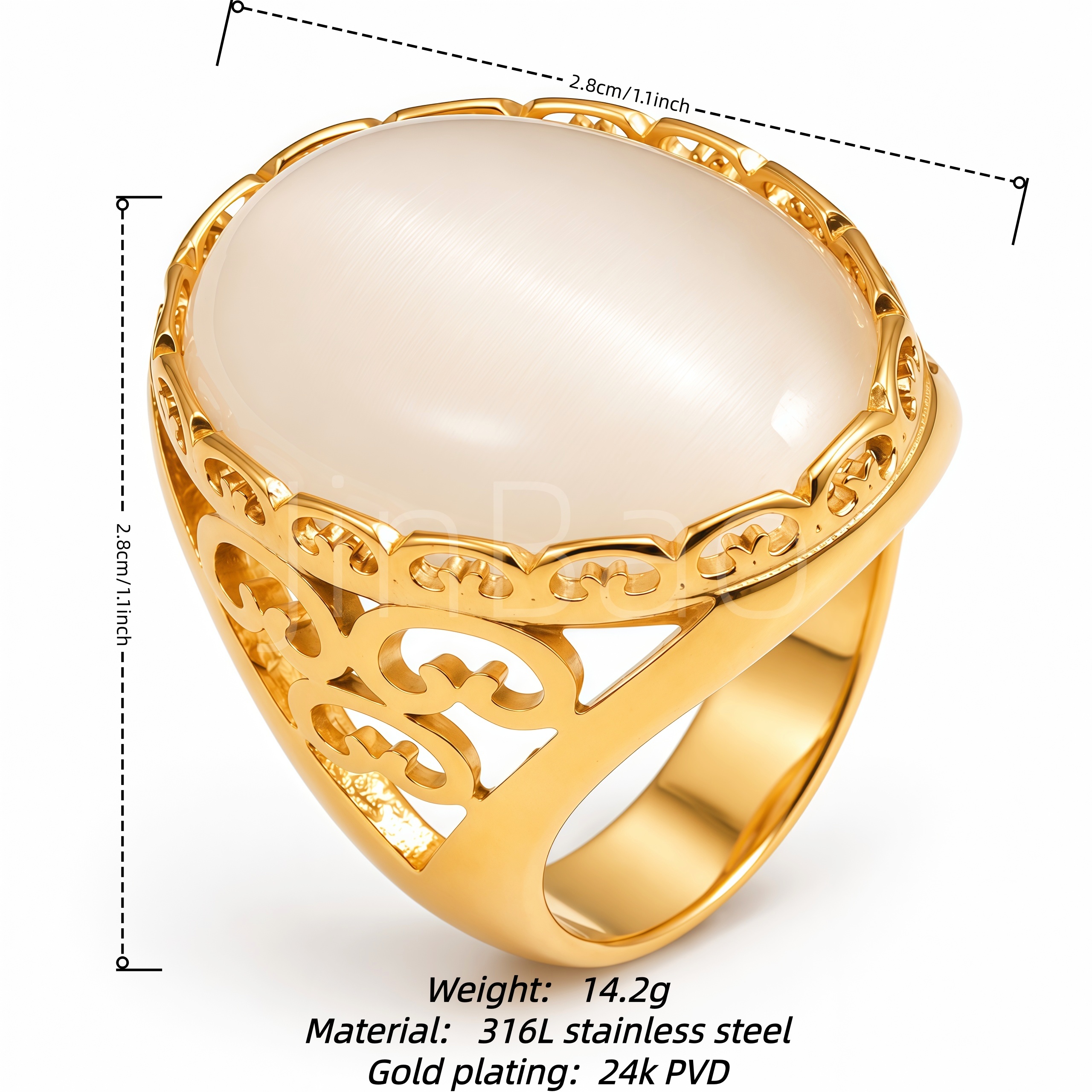 Oval Cat Eye Stone Hollow Gold Statement Ring for Women | E00649