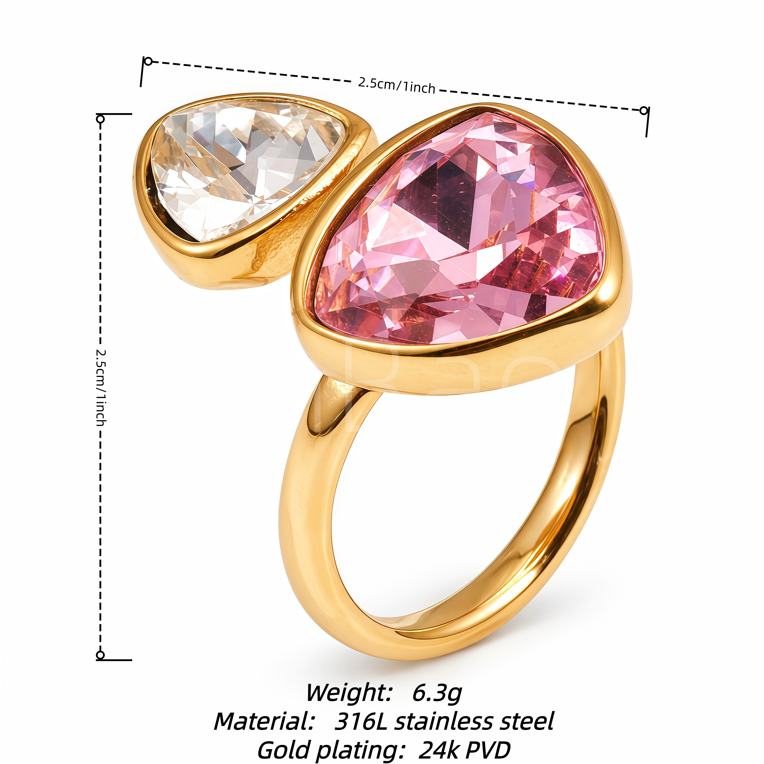 1. Triangle Crystal Open Gold Statement Ring for Women | N002786