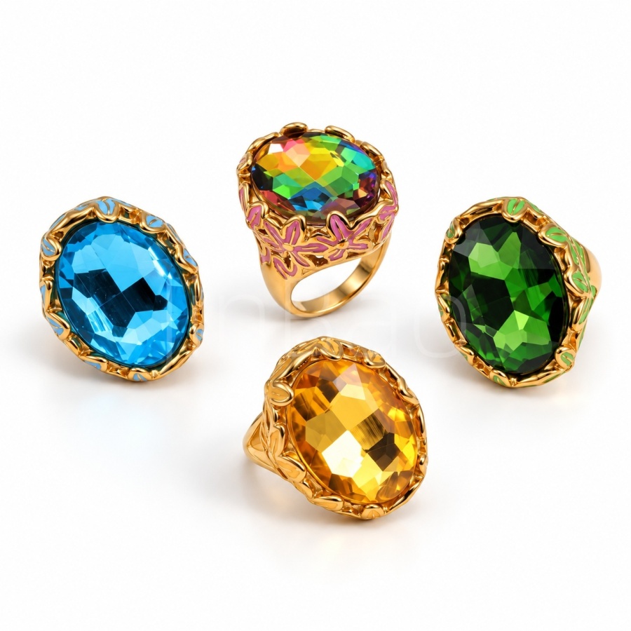statement ring with large oval faceted stone gold-tone floral filigree setting Multicolor E00752