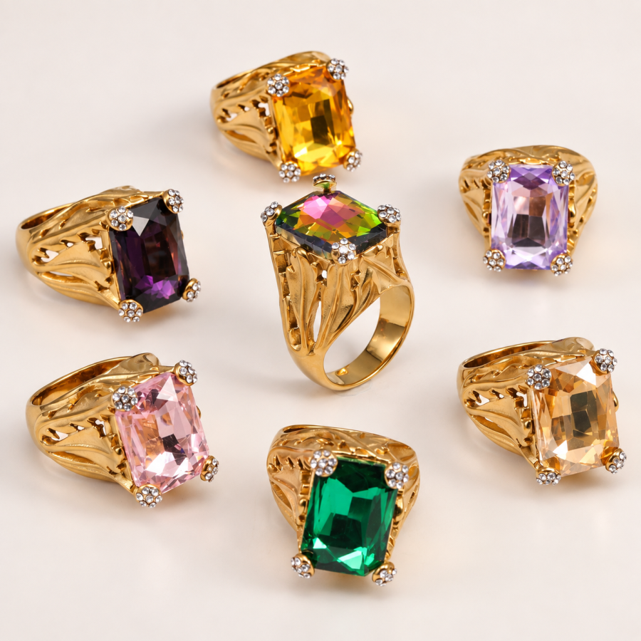 Large Stone Vintage Hollow Band Colorful Women Ring | E00753J