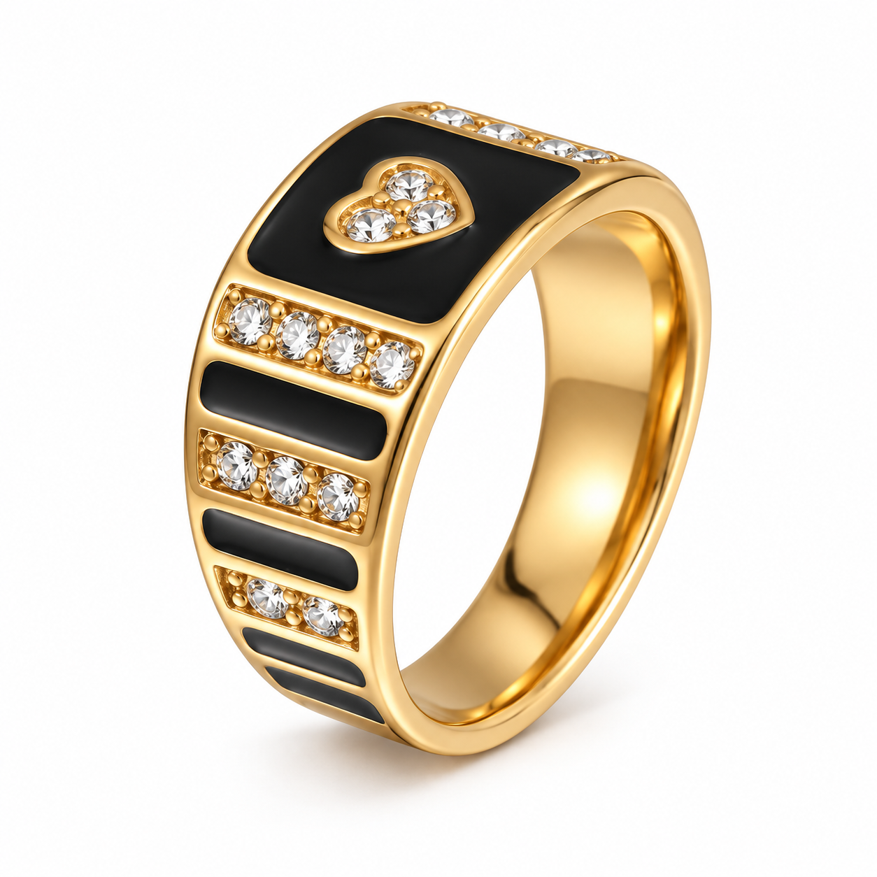Vintage Heart Star Zircon Black Enamel Wide Ring for Women | 