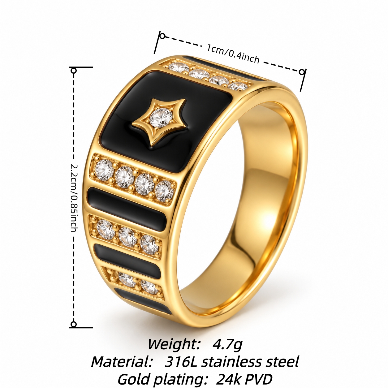 Vintage Heart Star Zircon Black Enamel Wide Ring for Women | 