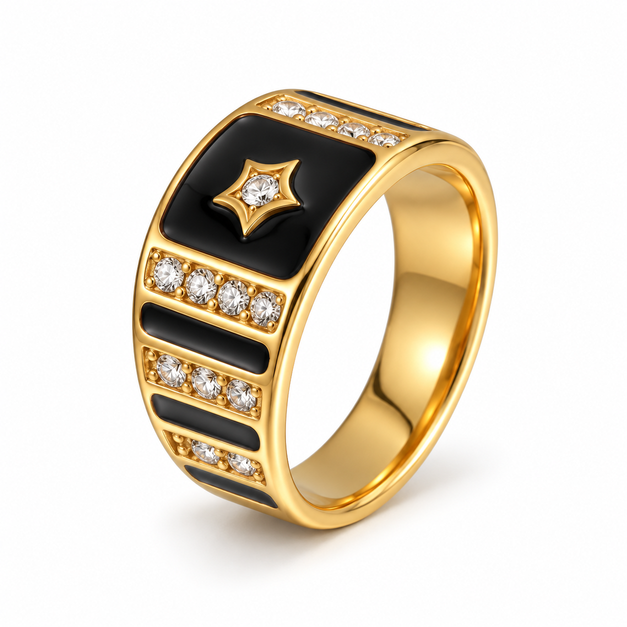 Vintage Heart Star Zircon Black Enamel Wide Ring for Women | 