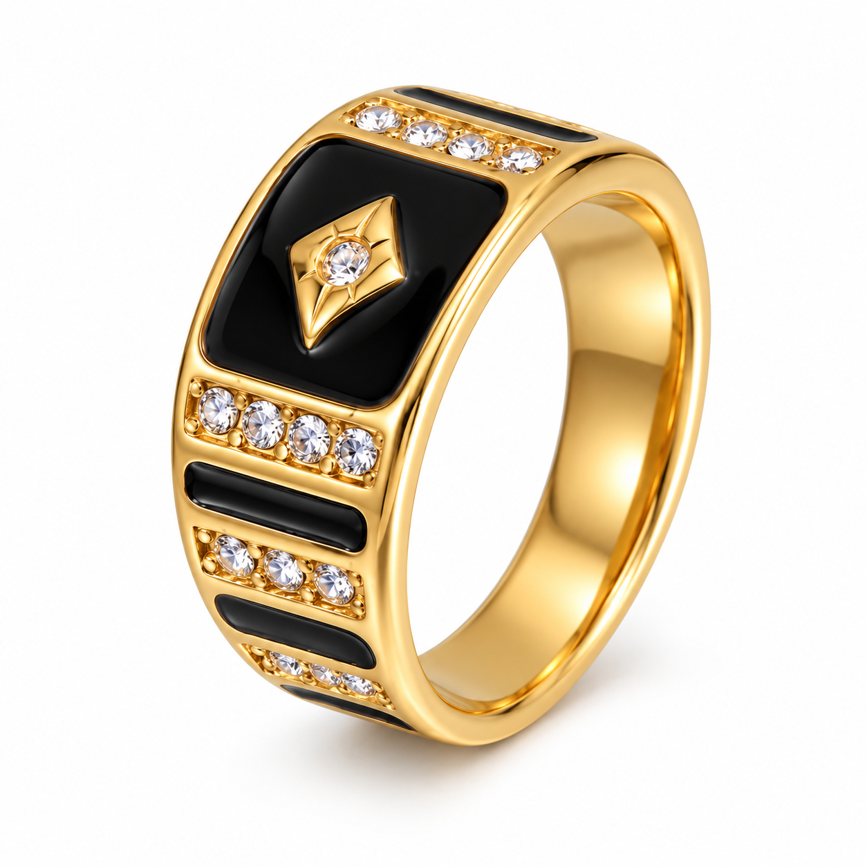 Vintage Heart Star Zircon Black Enamel Wide Ring for Women | 