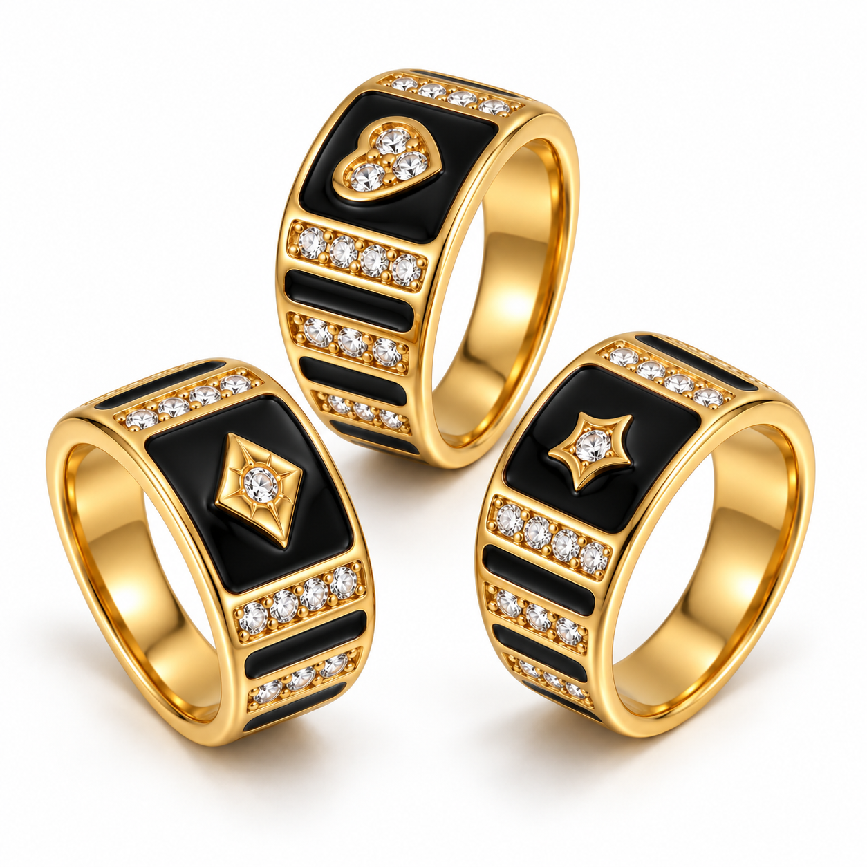Vintage Heart Star Zircon Black Enamel Wide Ring for Women | 