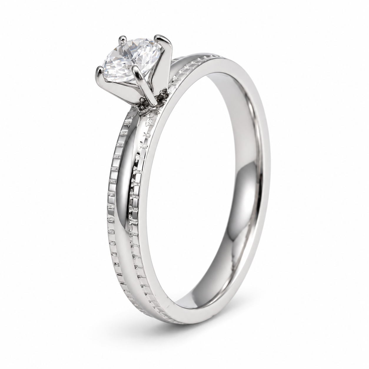 Vintage Knurled Edge CZ Solitaire Promise Ring Set for Women | C007