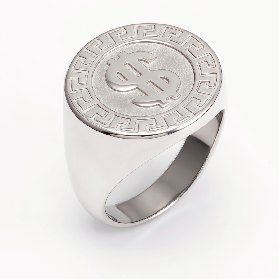 Dollar Sign Retro Meander Silver Ring, Trendy Men's Band | DZ1680