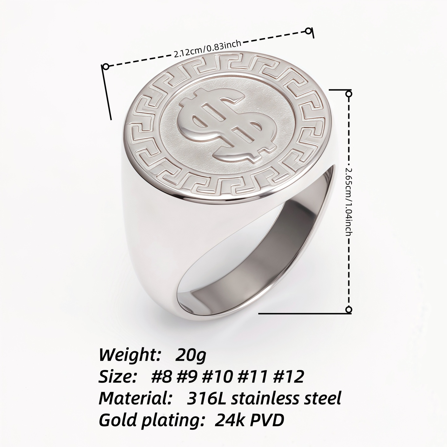 Dollar Sign Retro Meander Silver Ring, Trendy Men's Band | DZ1680-JinBaoJewerly