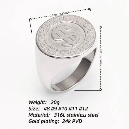 Dollar Sign Retro Meander Silver Ring, Trendy Men's Band | DZ1680-JinBaoJewerly