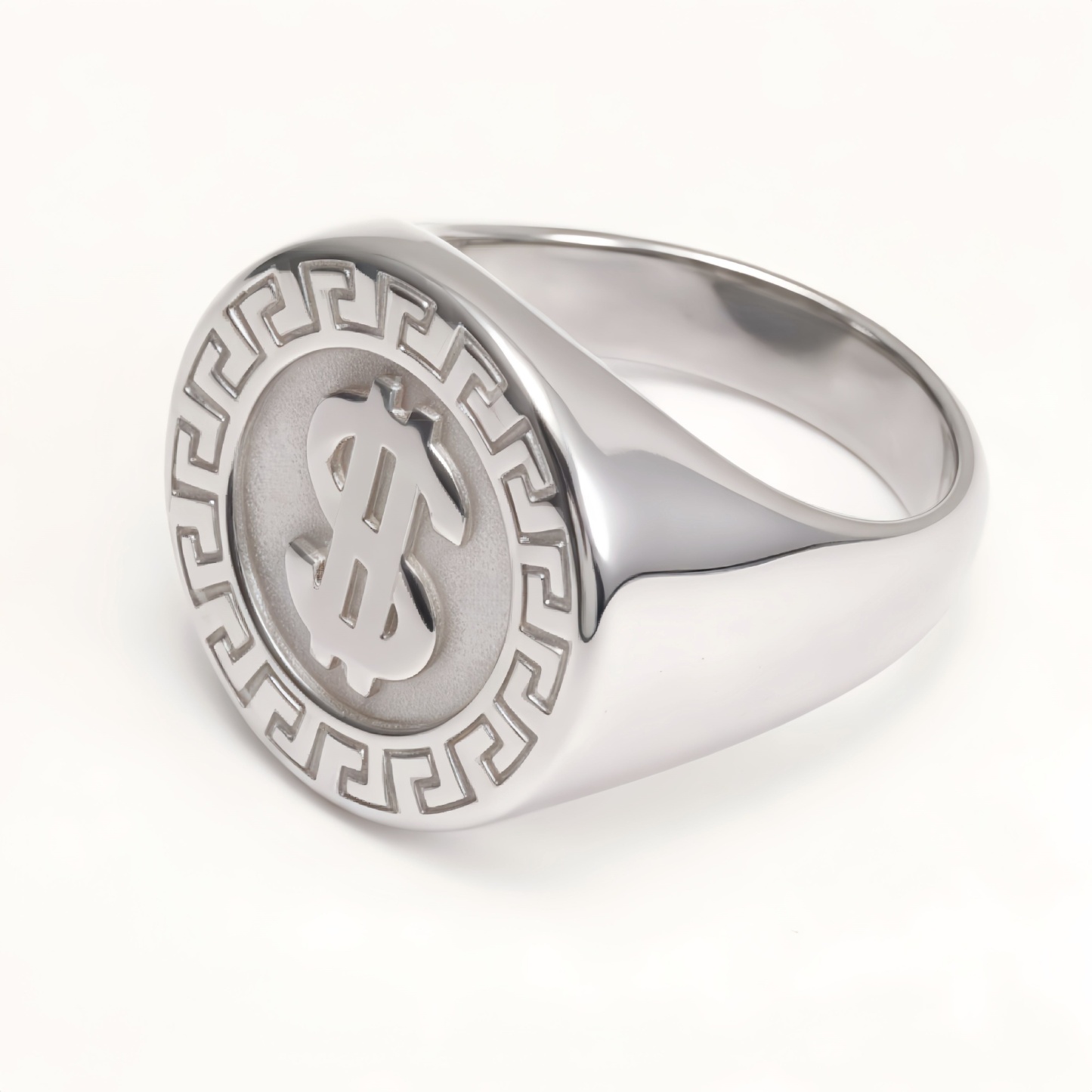 Dollar Sign Retro Meander Silver Ring, Trendy Men's Band | DZ1680-JinBaoJewerly