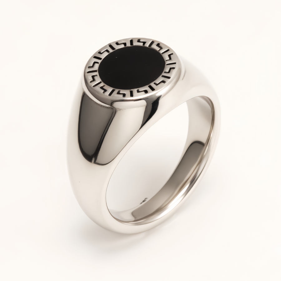 Vintage Meander Black - Faced Silver Ring, Minimalist Band for Trendsetters | DZ474