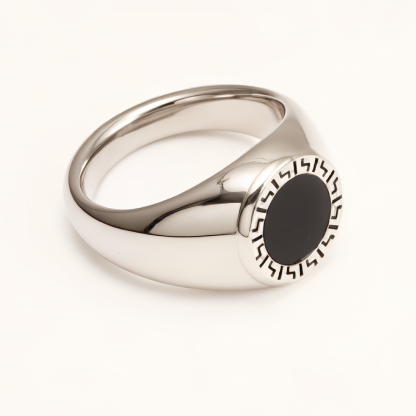 Vintage Meander Black - Faced Silver Ring, Minimalist Band for Trendsetters | DZ474-JinBaoJewerly