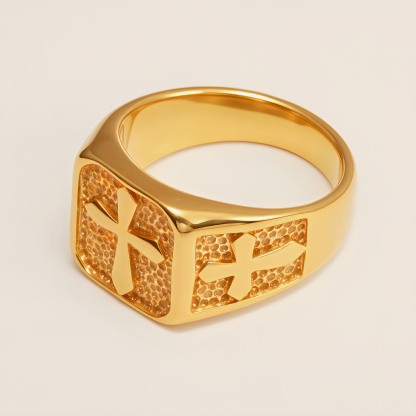 Trendy Men's Gold - and - Silver Stainless Steel Ring with Cross Pattern | DZ522-JinBaoJewerly