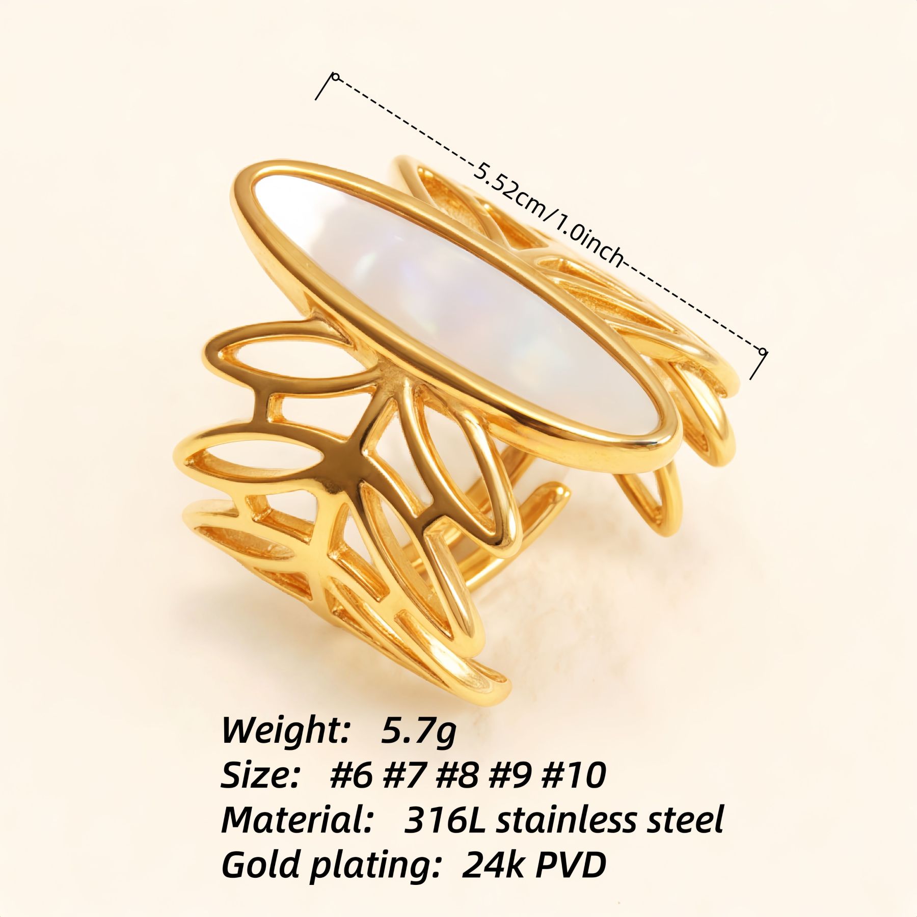 Geometric Hollow Mother - of - Pearl Ring, Fashion Women's Niche Design Gold Ring | WF-1041J-JinBaoJewerly
