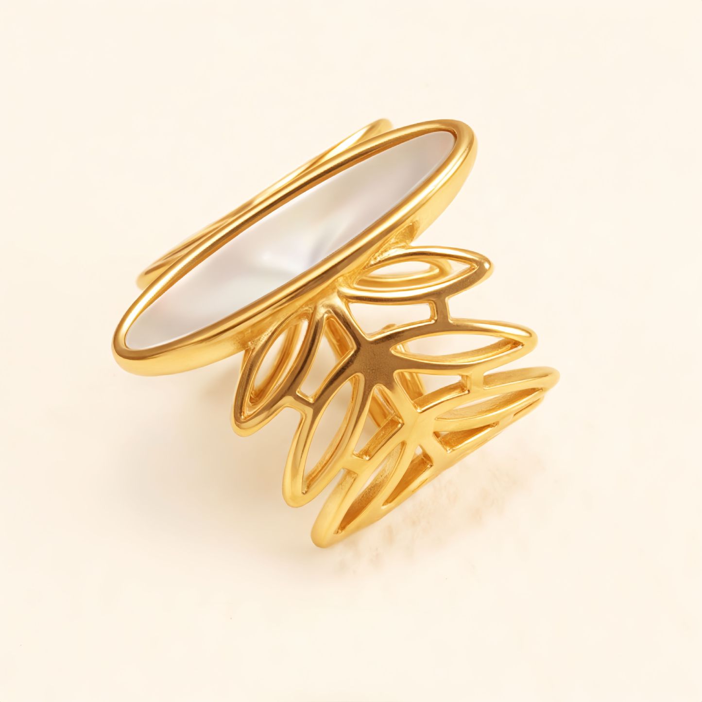 Geometric Hollow Mother - of - Pearl Ring, Fashion Women's Niche Design Gold Ring | WF-1041J-JinBaoJewerly