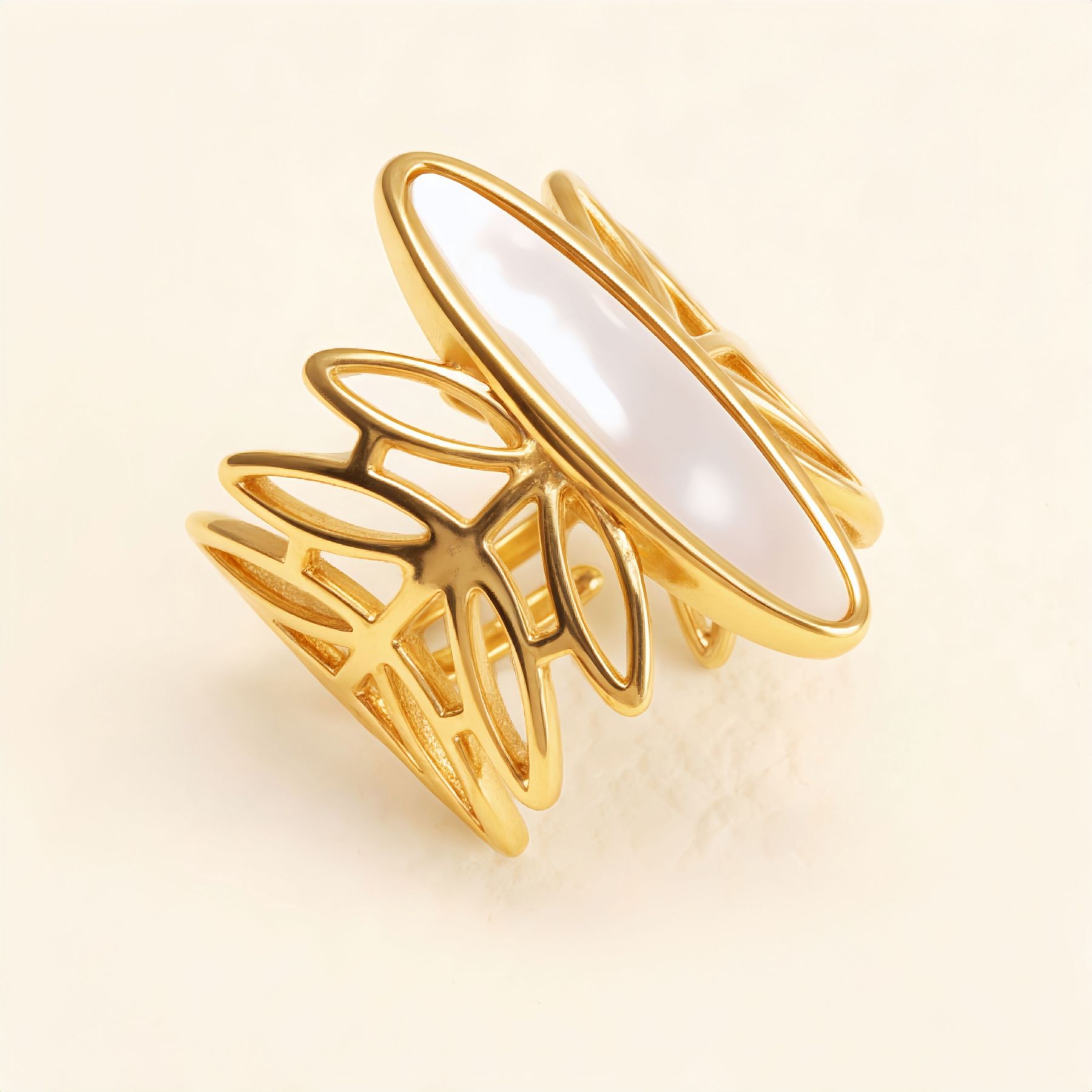 Geometric Hollow Mother - of - Pearl Ring, Fashion Women's Niche Design Gold Ring | WF-1041J-JinBaoJewerly