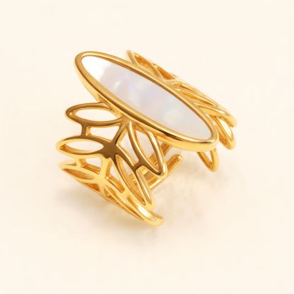 Geometric Hollow Mother - of - Pearl Ring, Fashion Women's Niche Design Gold Ring | WF-1041J-JinBaoJewerly