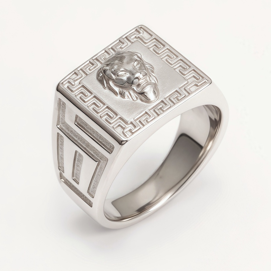 Silver Men's Ring with Lion Head and Greek Meander Pattern | G002053