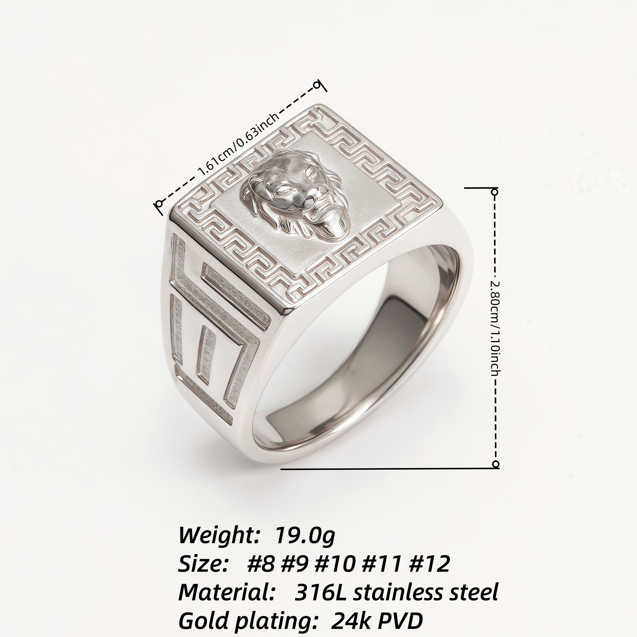 Silver Men's Ring with Lion Head and Greek Meander Pattern | G002053-JinBaoJewerly