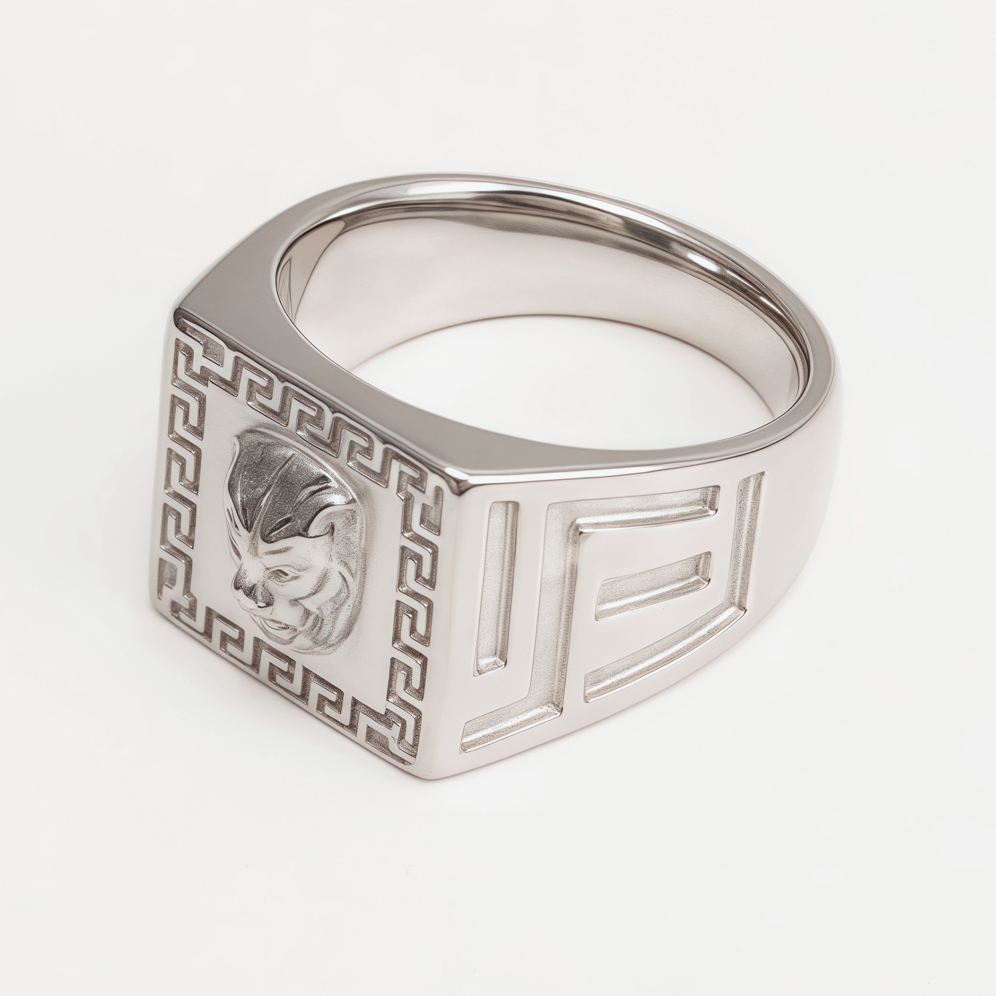 Silver Men's Ring with Lion Head and Greek Meander Pattern | G002053-JinBaoJewerly