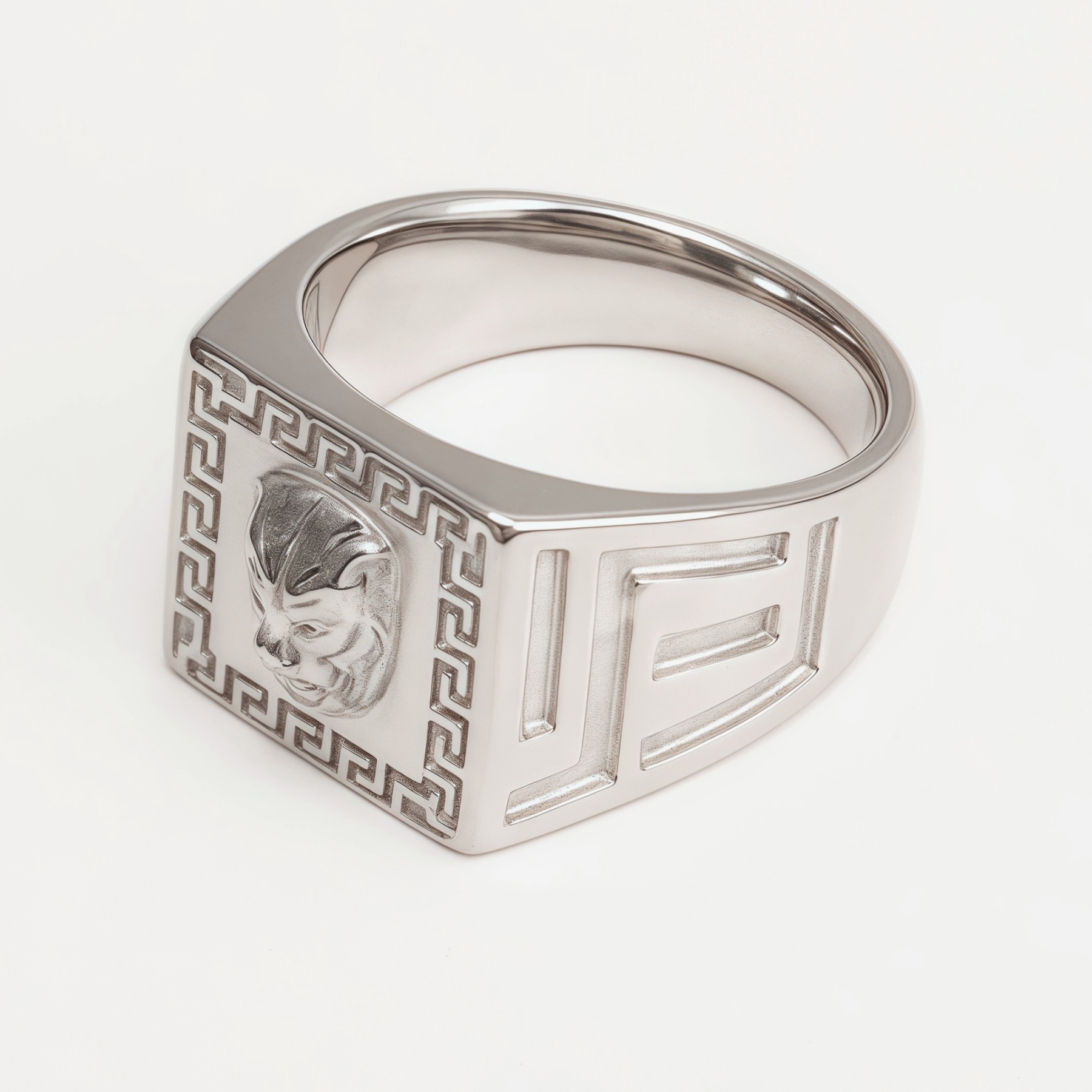 Silver Men's Ring with Lion Head and Greek Meander Pattern | G002053-JinBaoJewerly