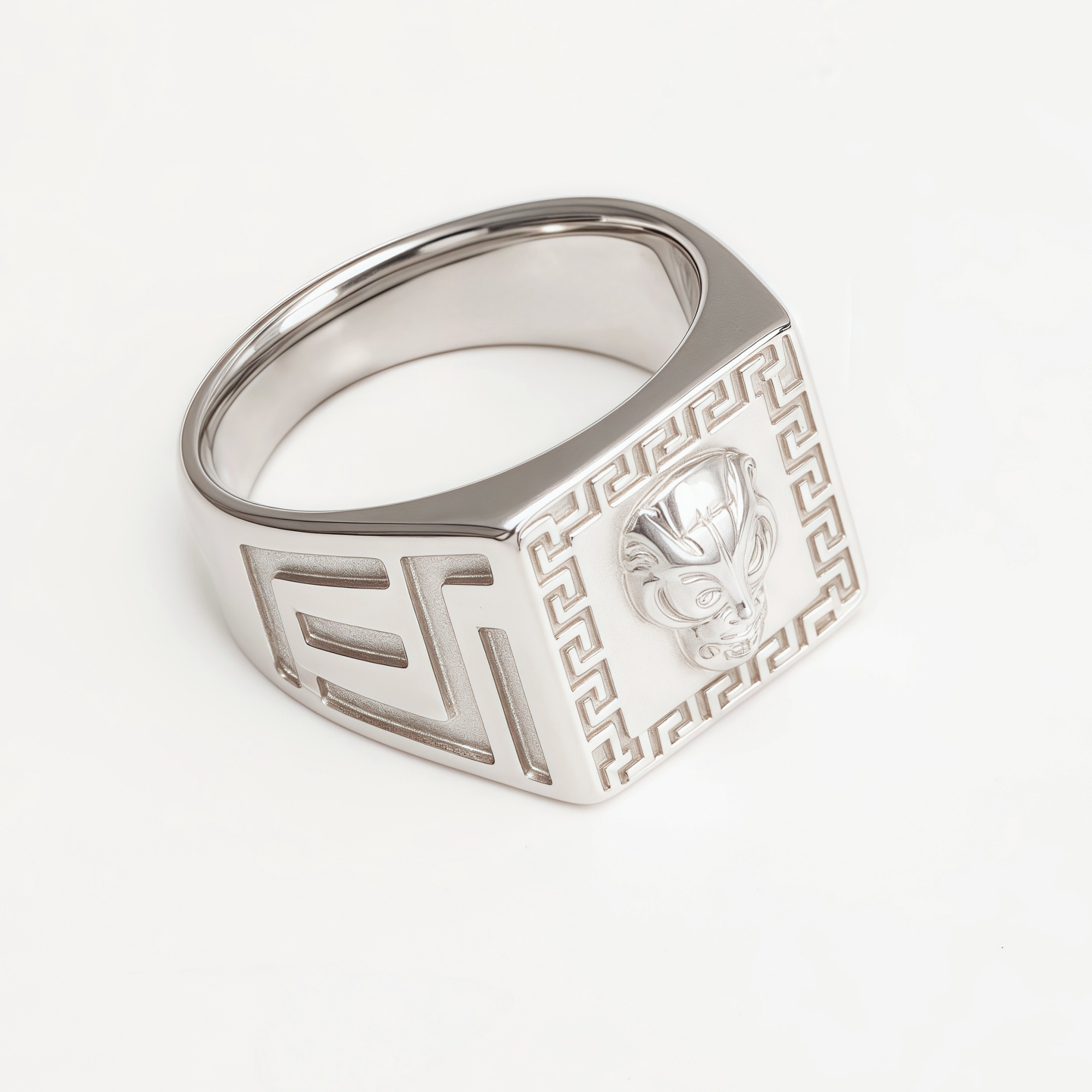 Silver Men's Ring with Lion Head and Greek Meander Pattern | G002053-JinBaoJewerly