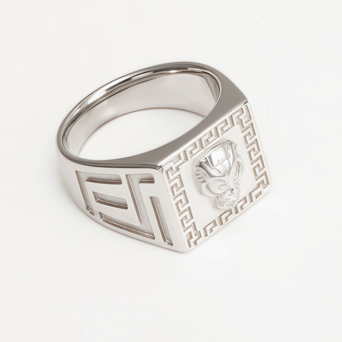 Silver Men's Ring with Lion Head and Greek Meander Pattern | G002053-JinBaoJewerly