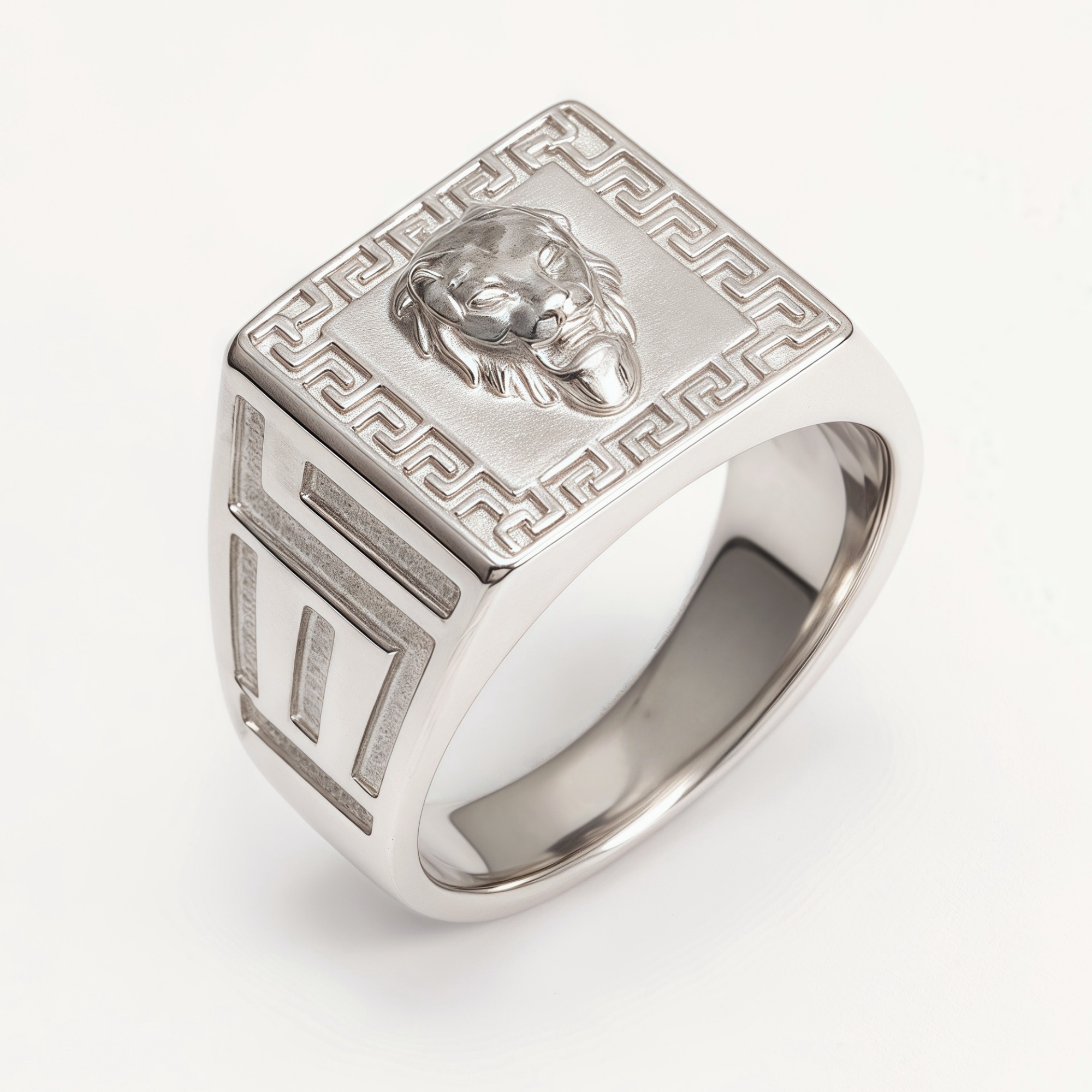 Silver Men's Ring with Lion Head and Greek Meander Pattern | G002053-JinBaoJewerly