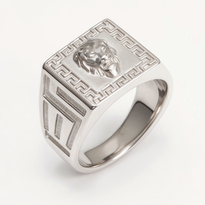 Silver Men's Ring with Lion Head and Greek Meander Pattern | G002053-JinBaoJewerly