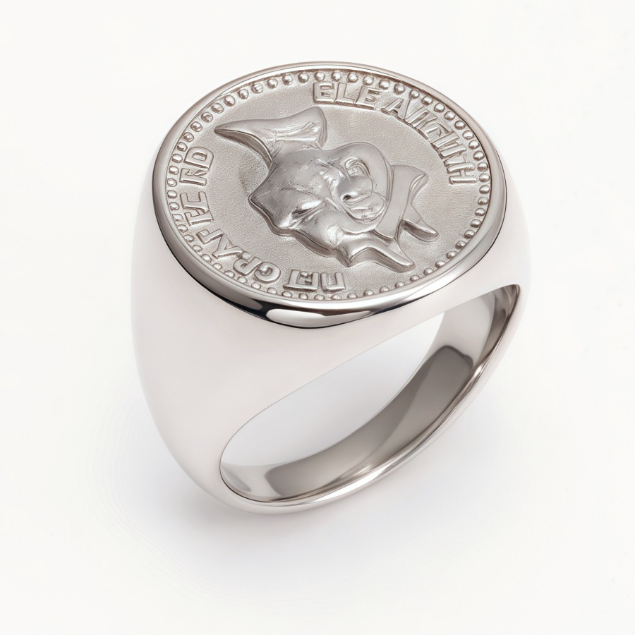 Vintage Coin - Embossed Silver Ring, Unique Portrait Pattern Band | G002364