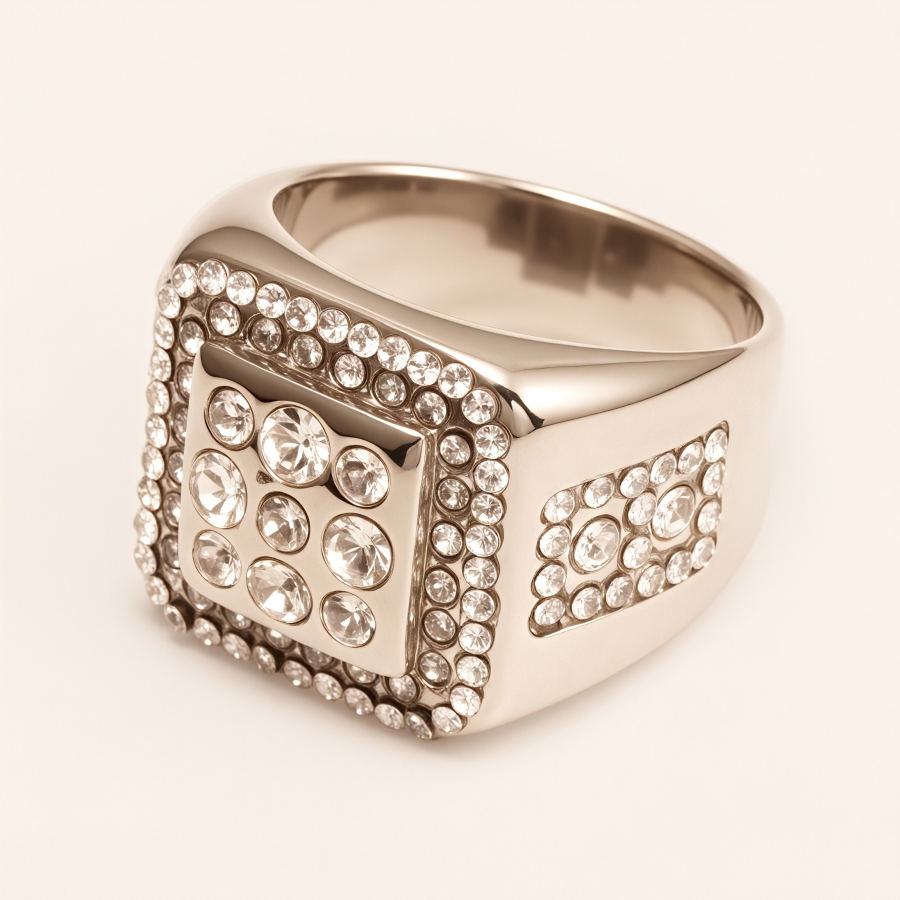 Square Crystal Stainless Steel Ring, Men’s Hip - Hop Streetwear | G003122G