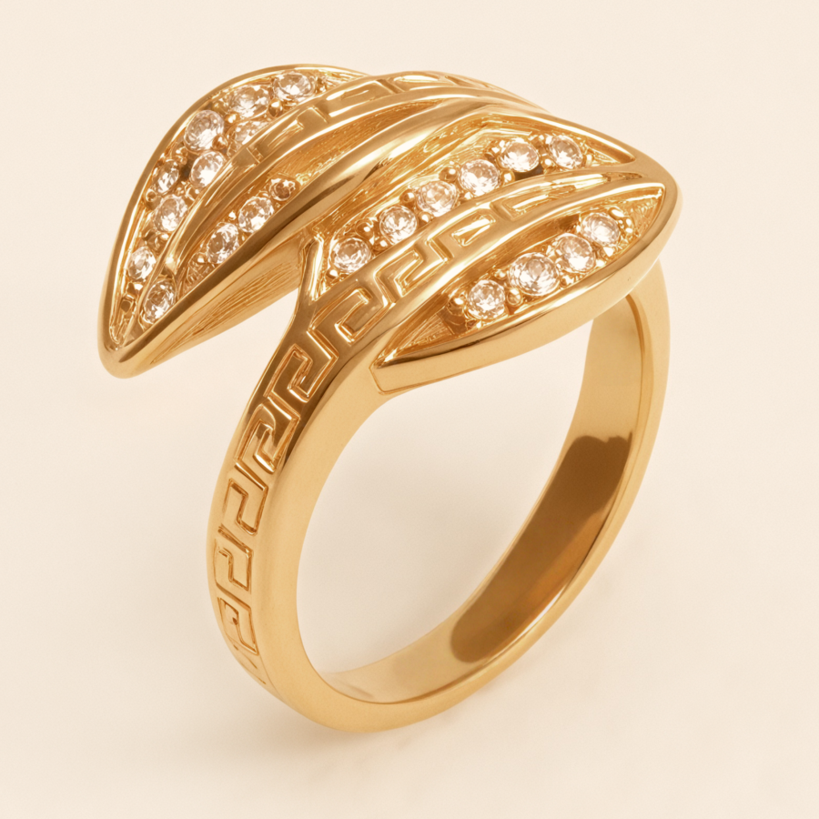 Vintage Greek Key Leaf Diamond Ring, Shiny Gold Women's Jewelry | G003153