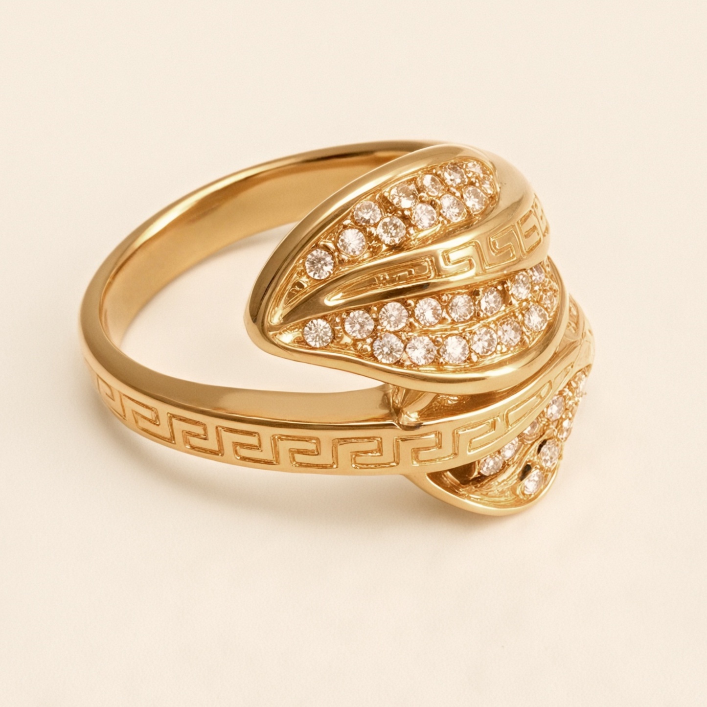 Vintage Greek Key Leaf Diamond Ring, Shiny Gold Women's Jewelry | G003153-JinBaoJewerly