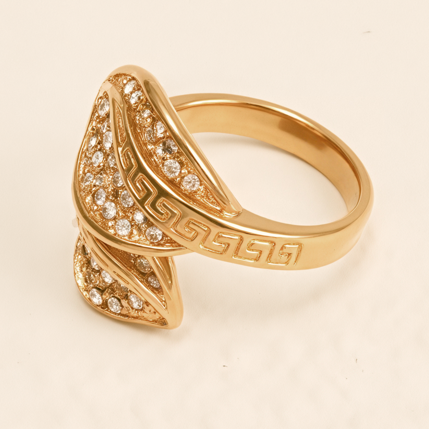 Vintage Greek Key Leaf Diamond Ring, Shiny Gold Women's Jewelry | G003153-JinBaoJewerly