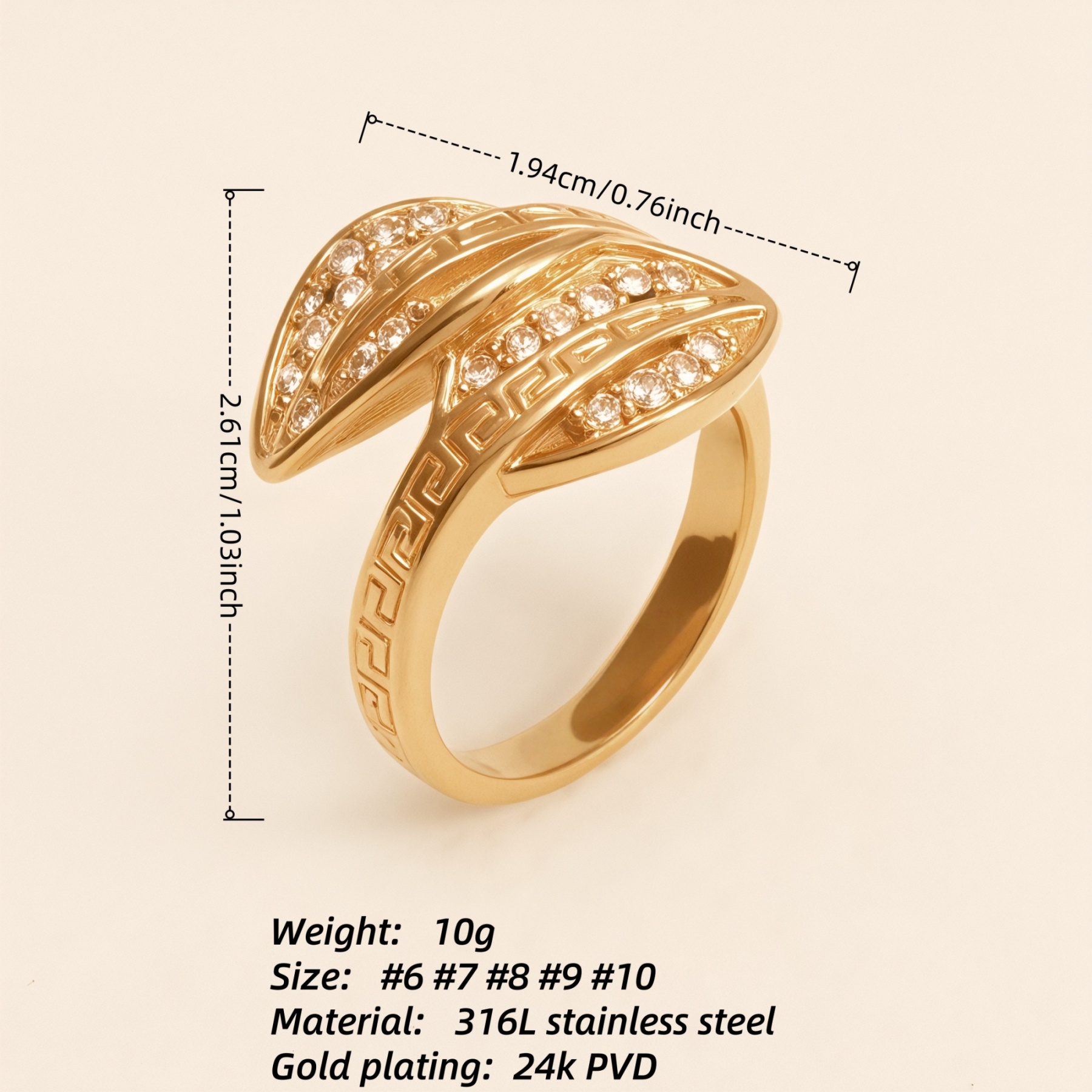 Vintage Greek Key Leaf Diamond Ring, Shiny Gold Women's Jewelry | G003153-JinBaoJewerly